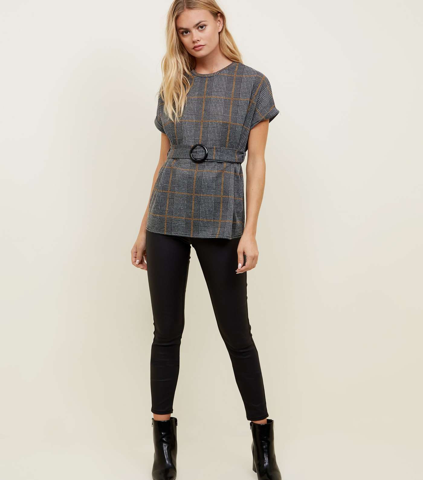 Grey Fine Knit Check Belted Tunic Top Image 2