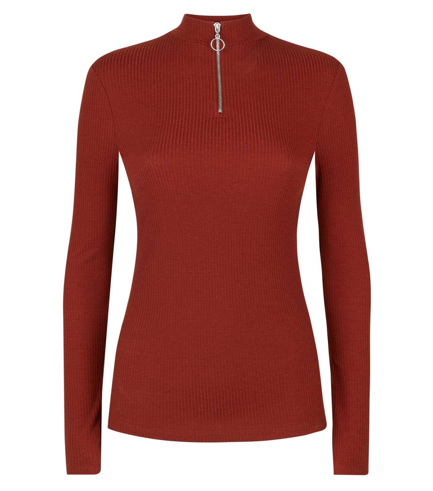 Rust Ribbed Ring Zip High Neck Top Image 4