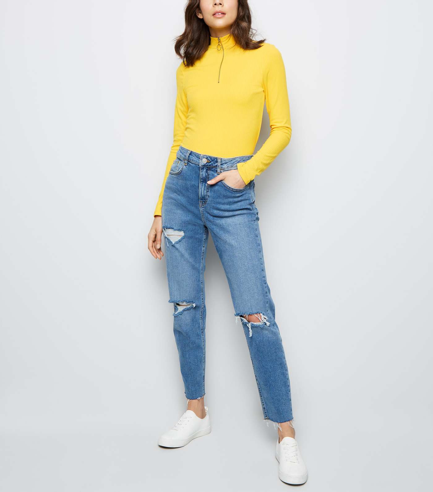 Yellow Ribbed Ring Zip High Neck Top Image 2
