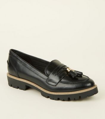 Black Leather Chunky Sole Loafers | New 