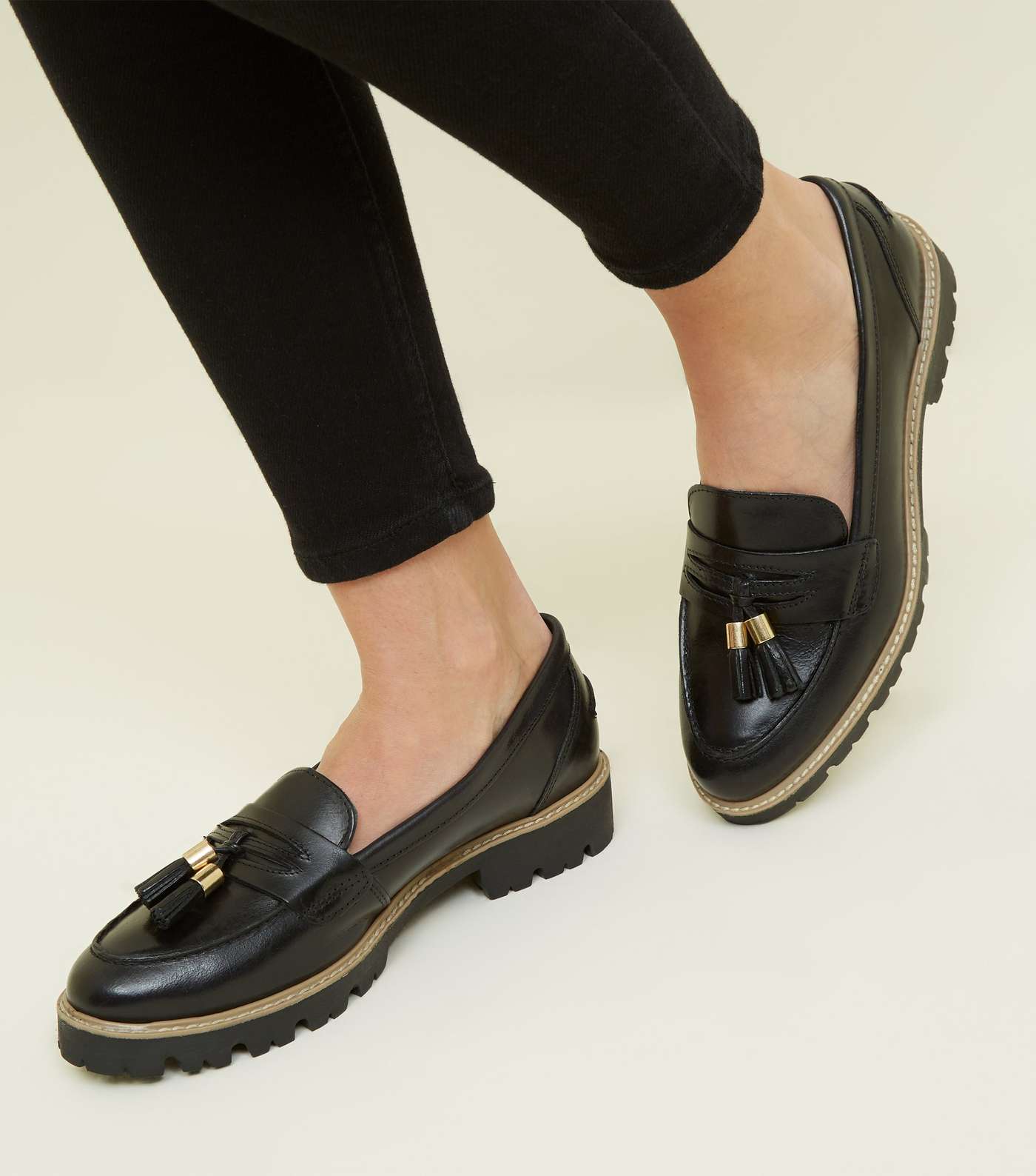 Black Leather Chunky Sole Loafers Image 2