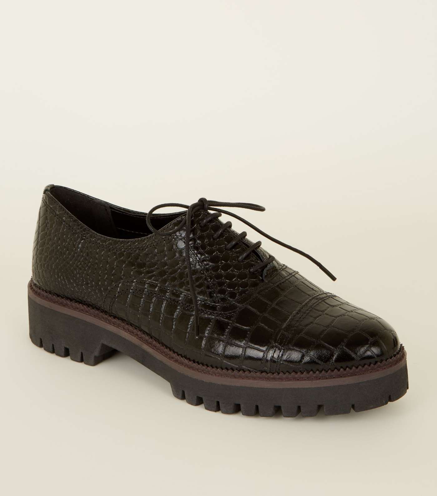 Black Leather Faux Croc Lace Up Shoes 
