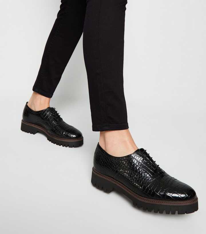 Black Leather Faux Croc Lace Up Shoes | New Look