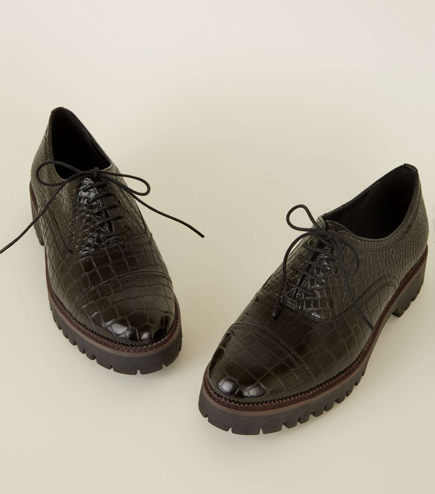 Black Leather Faux Croc Lace Up Shoes  Image 3