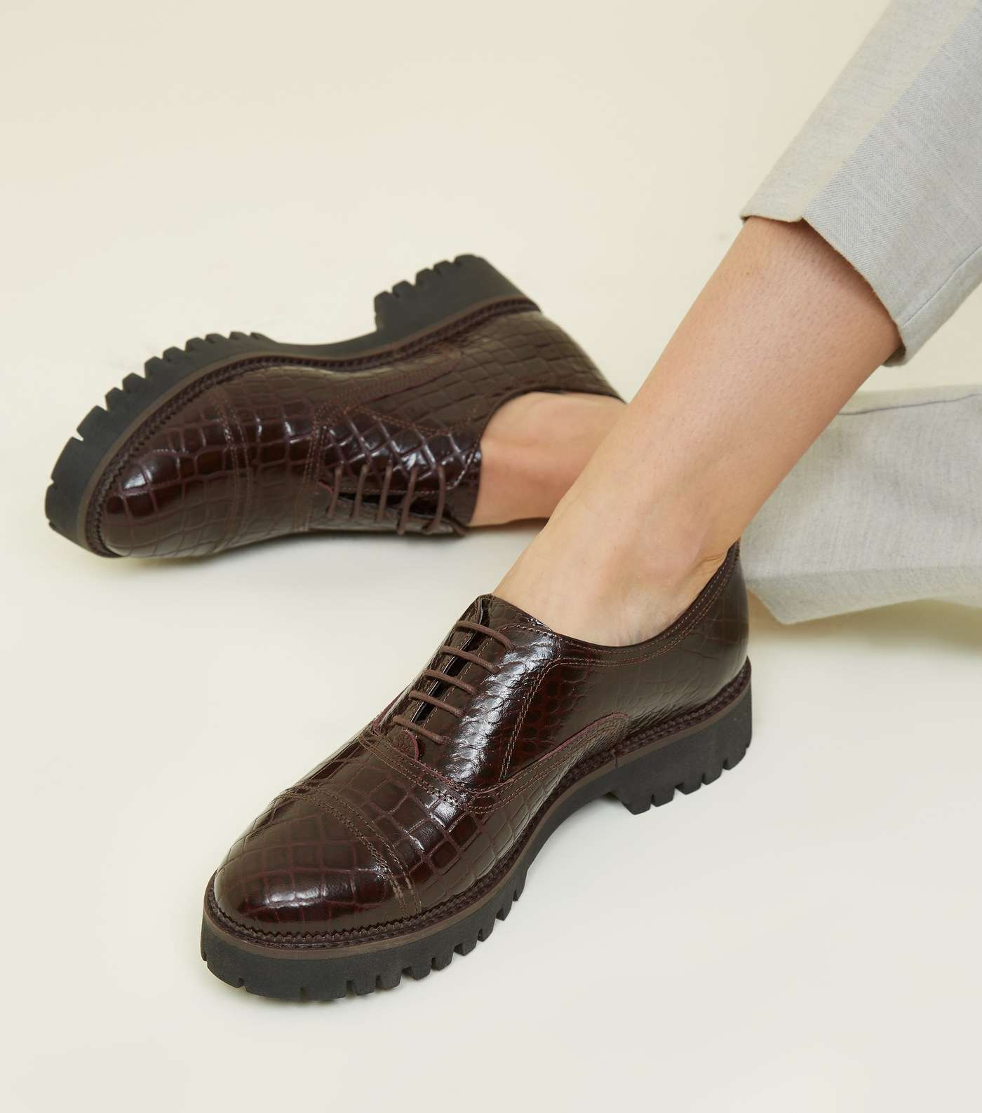 Burgundy Leather Faux Croc Lace Up Shoes Image 2