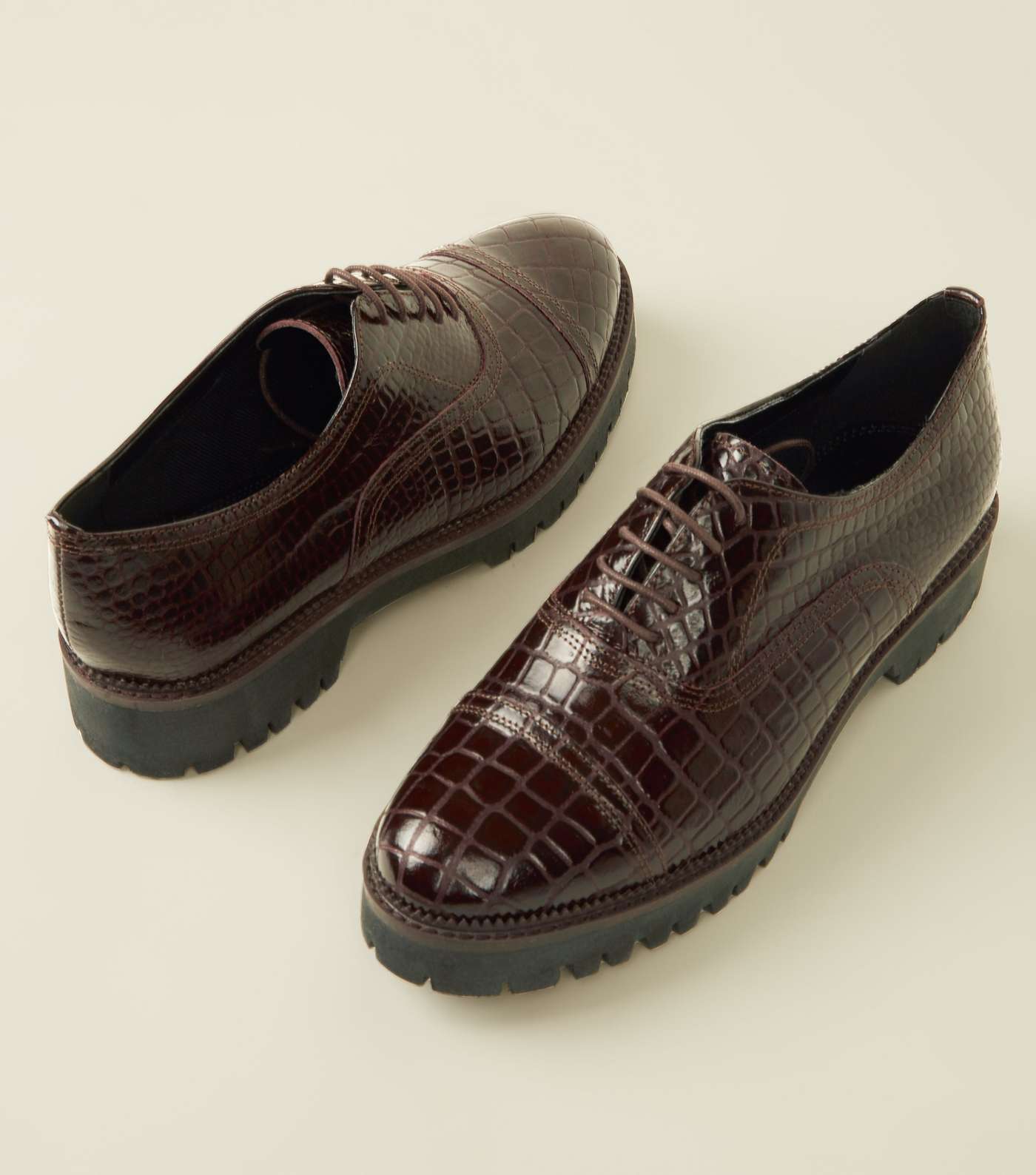 Burgundy Leather Faux Croc Lace Up Shoes Image 4