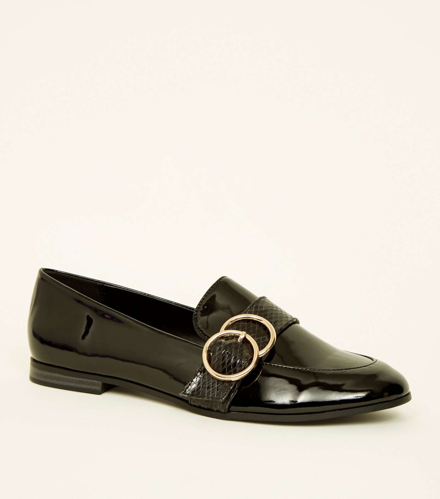 Black Patent Faux Snakeskin Ring Strap Loafers