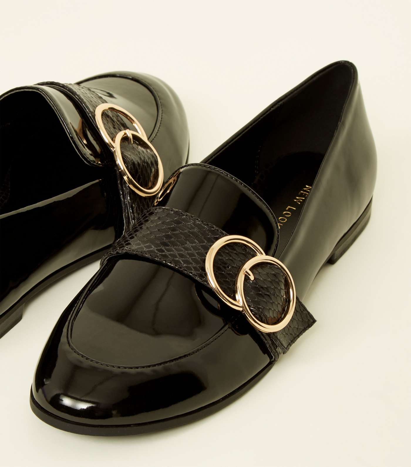 Black Patent Faux Snakeskin Ring Strap Loafers Image 3