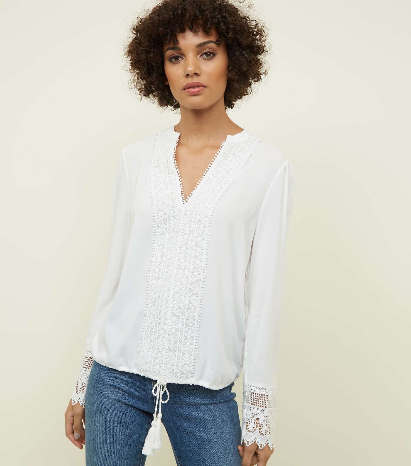 Off White Crochet Trim Long Sleeve Blouse