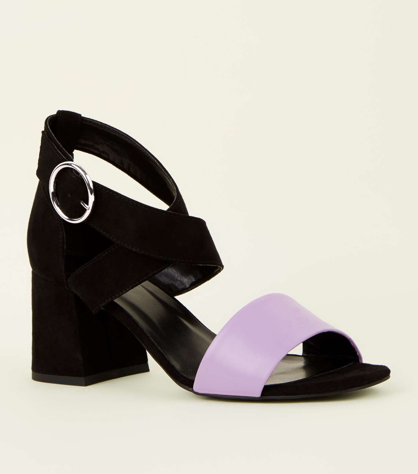 Purple Contrast Strap Flared Block Heel Sandals