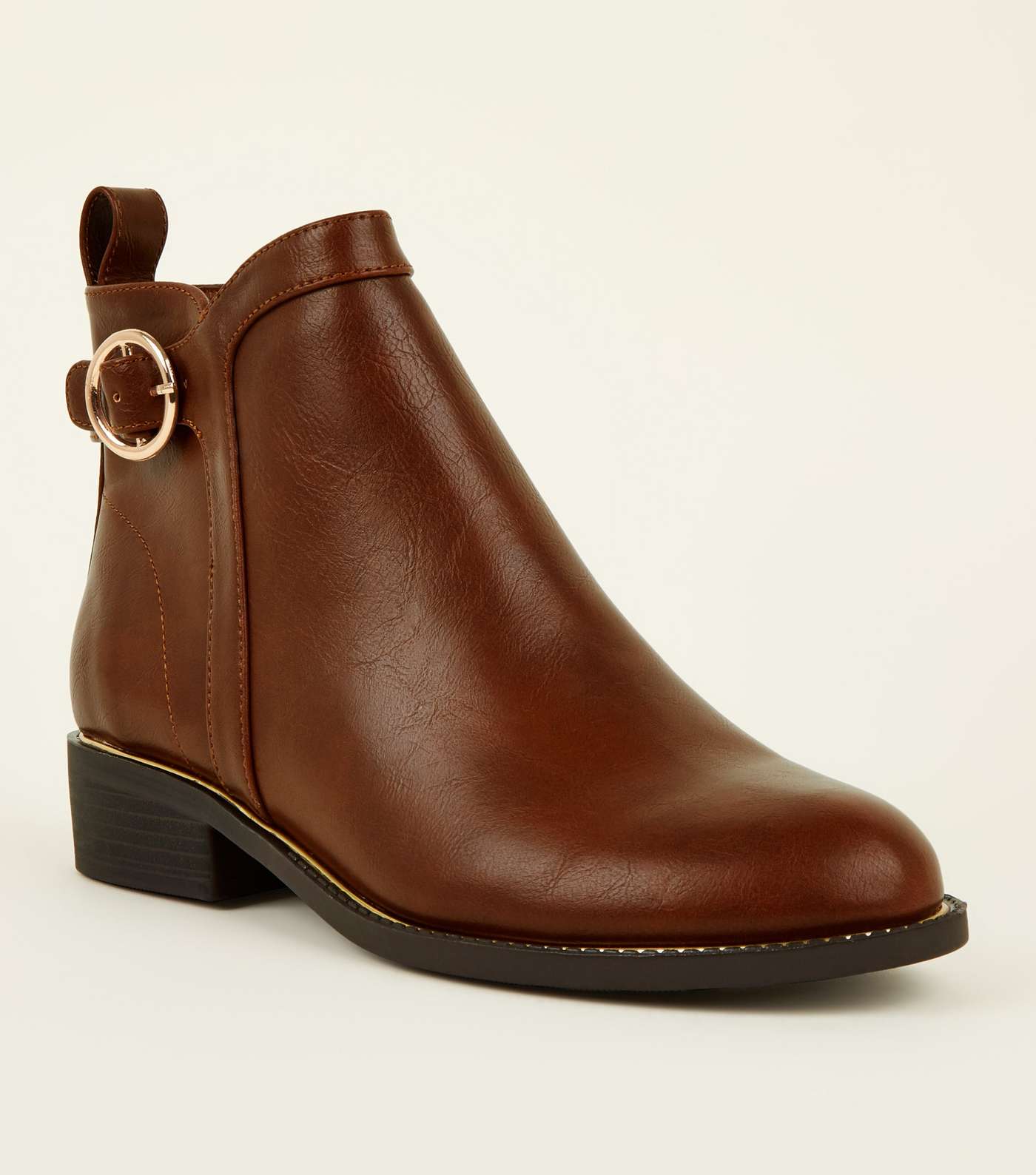 Girls Tan Leather-Look Ring Strap Ankle Boots