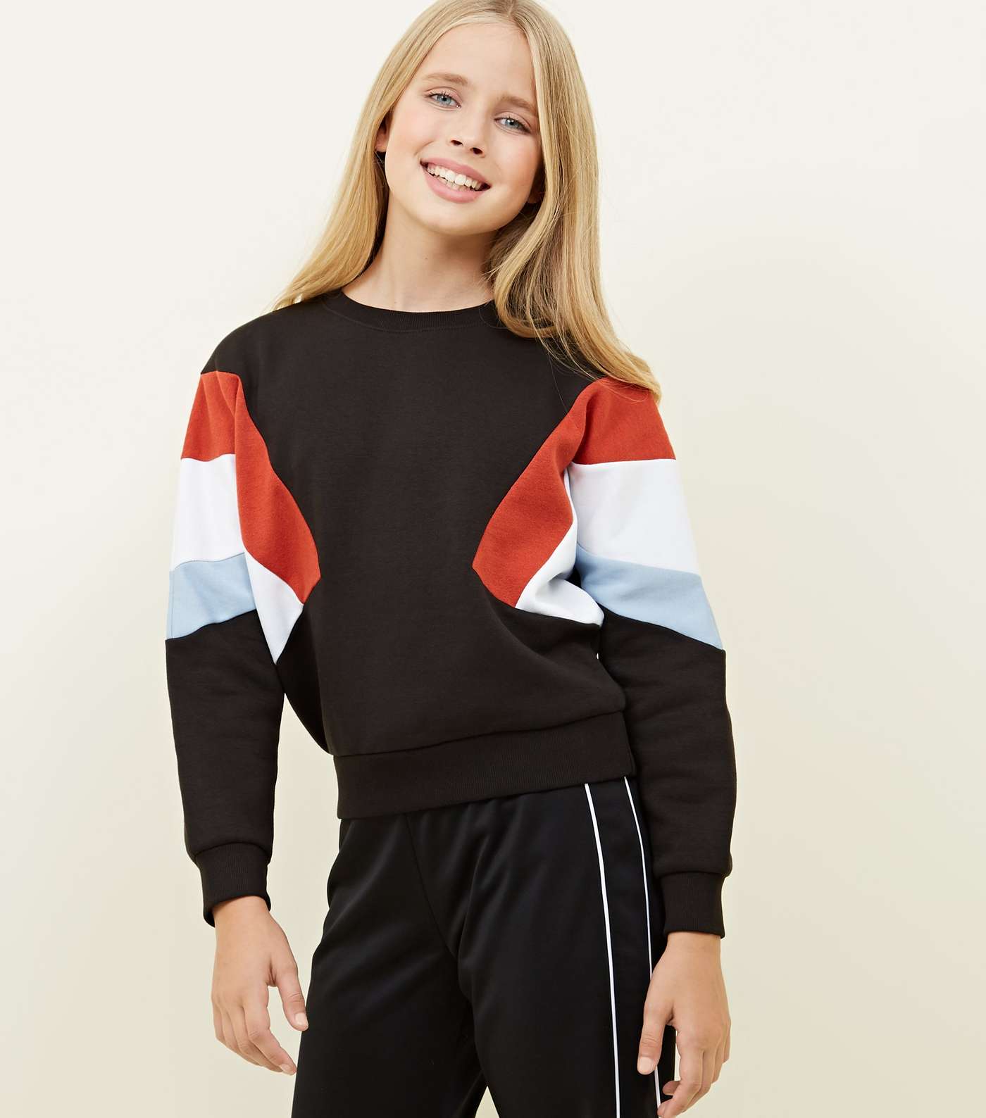 Girls Black Colour Block Diagonal Sweatshirt 
