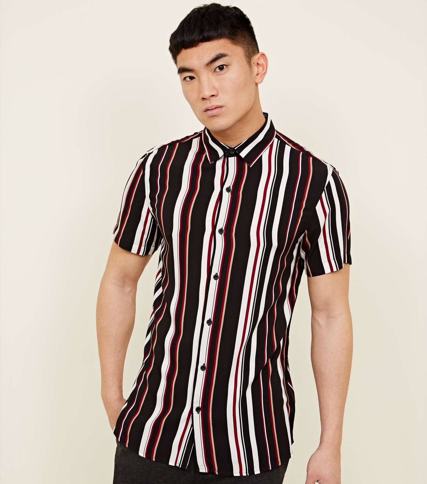 Black and Burgundy Stripe Short Sleeve Shirt