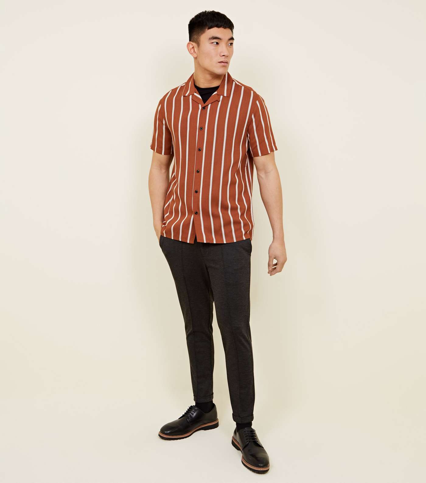 Rust Stripe Short Sleeve Revere Collar Shirt Image 3