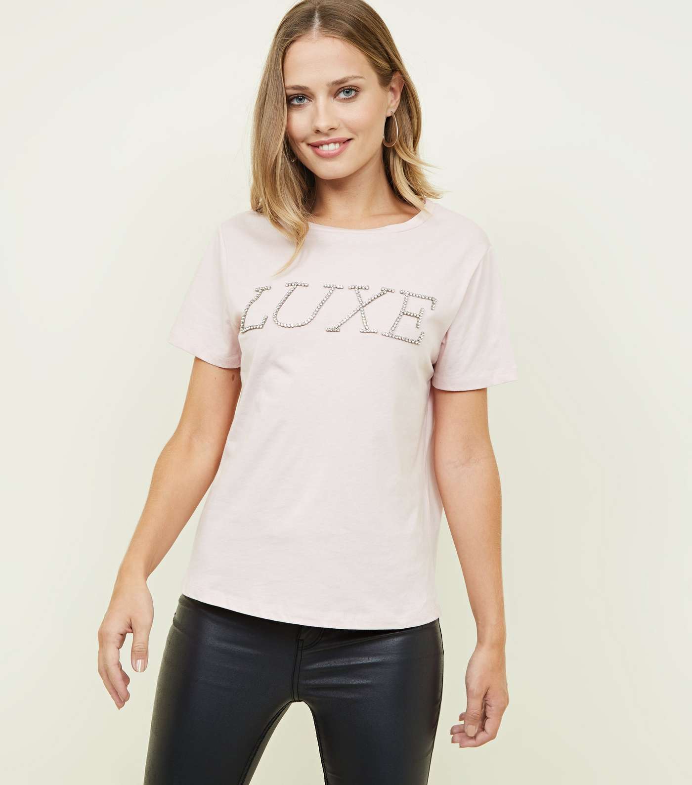 Pale Pink Diamanté Luxe Slogan T-Shirt