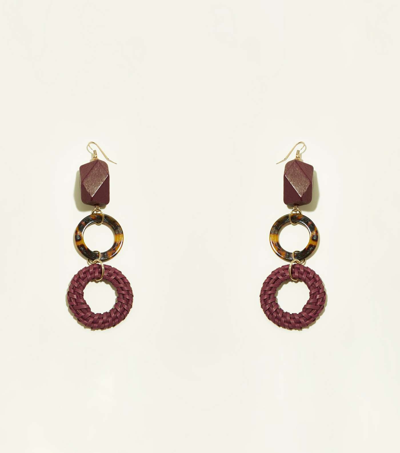 Burgundy Geometric Bead 2 Drop Hoops Earrings