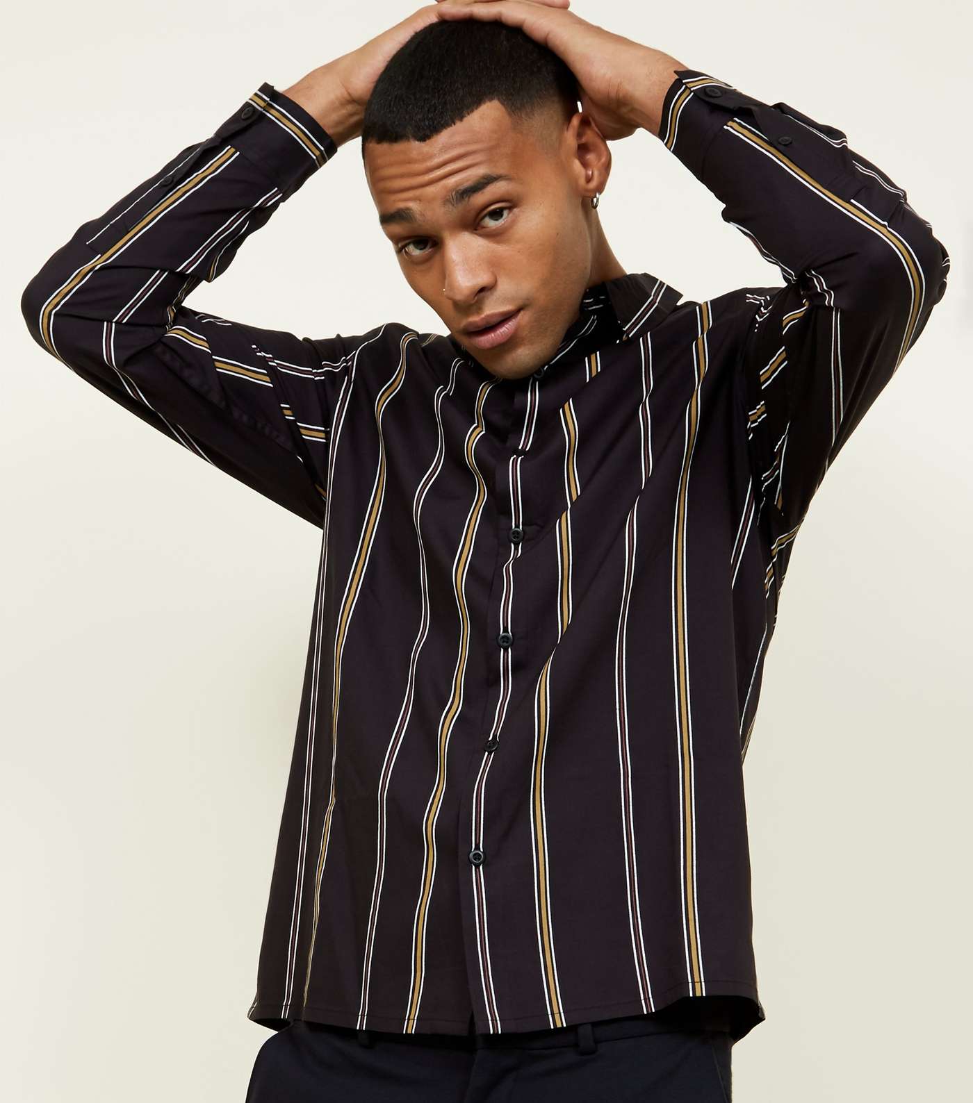 Black Stripe Long Sleeve Collared Shirt