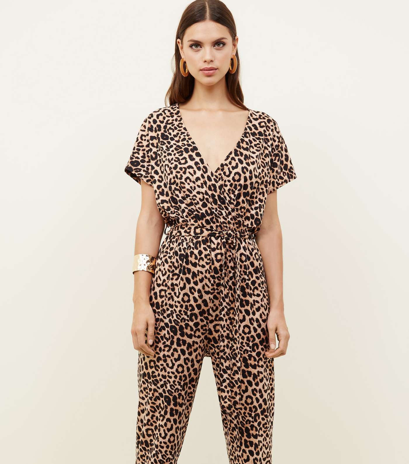Brown Leopard Print Soft Touch Wrap Front Jumpsuit Image 3
