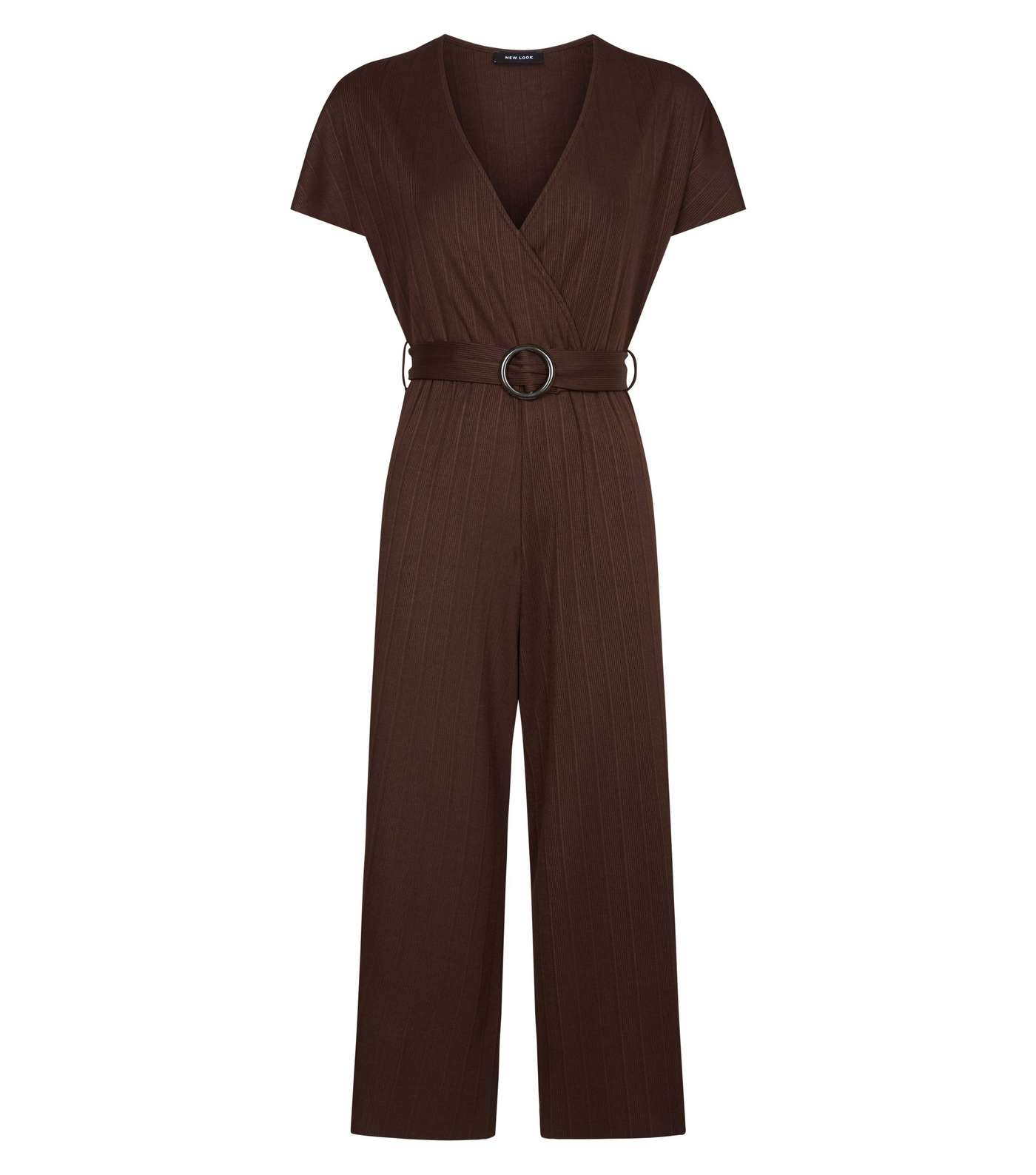 Dark Brown Ribbed Faux Horn Buckle Culotte Jumpsuit Image 4