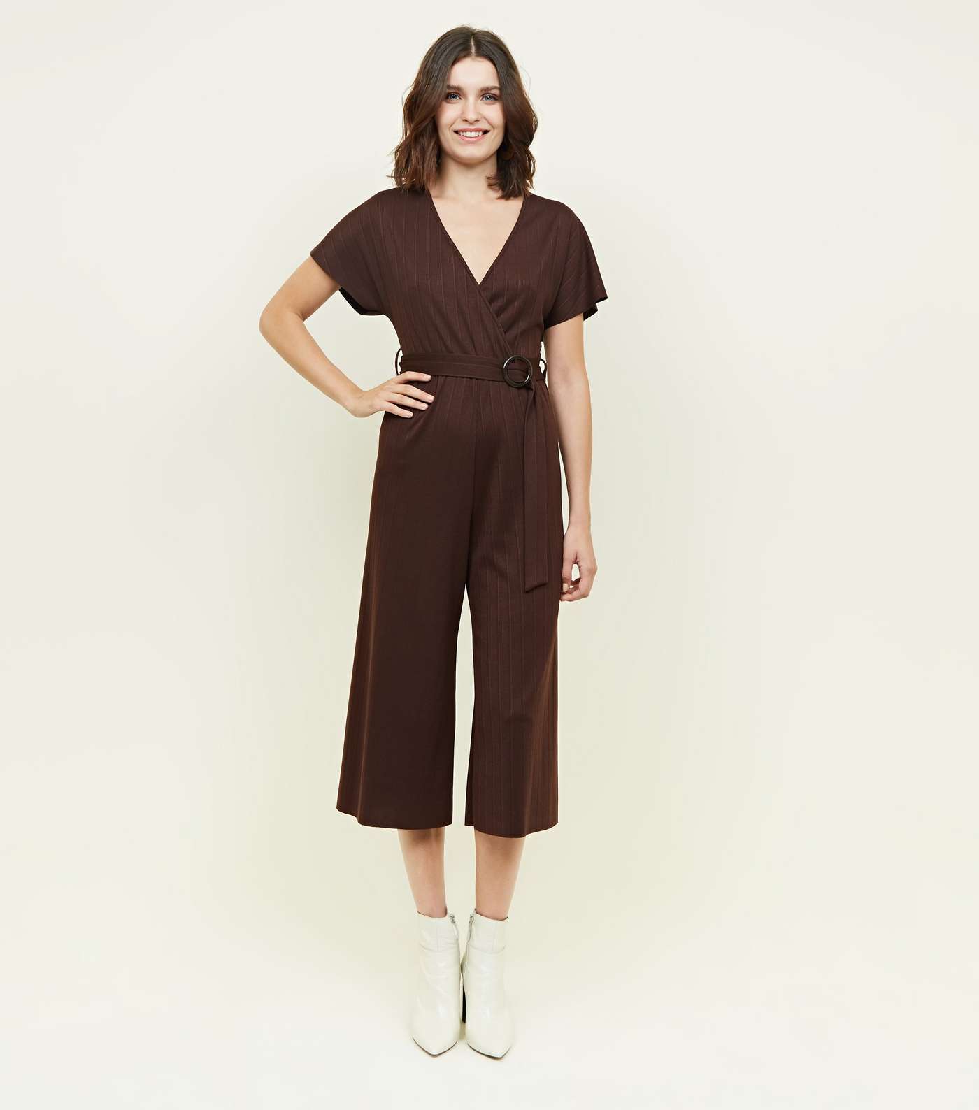 Dark Brown Ribbed Faux Horn Buckle Culotte Jumpsuit Image 2