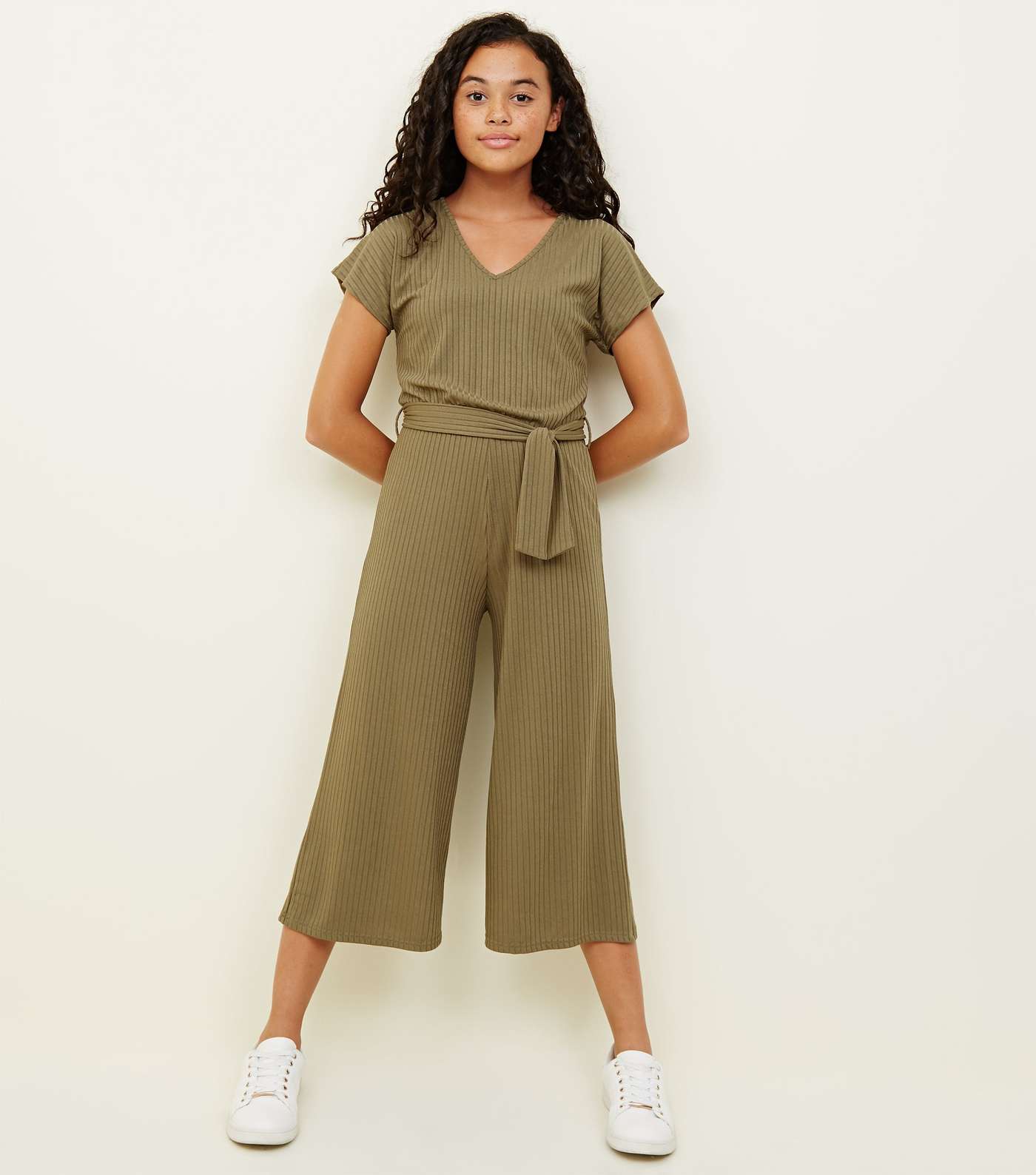 Girls Khaki Ribbed Belted Culotte Jumpsuit