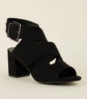 ladies black mid heel sandals