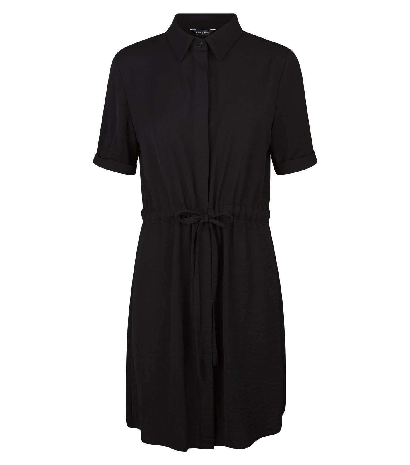 Black Drawstring Waist Shirt Dress Image 4