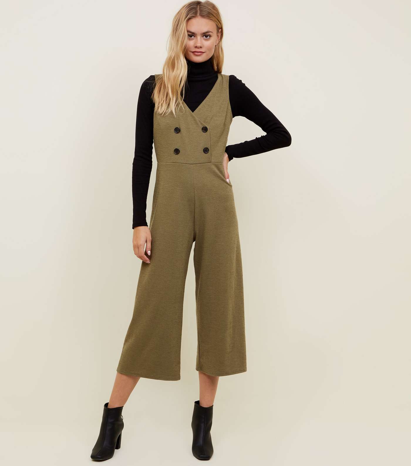 Khaki Double Breasted Crosshatch Cropped Jumpsuit