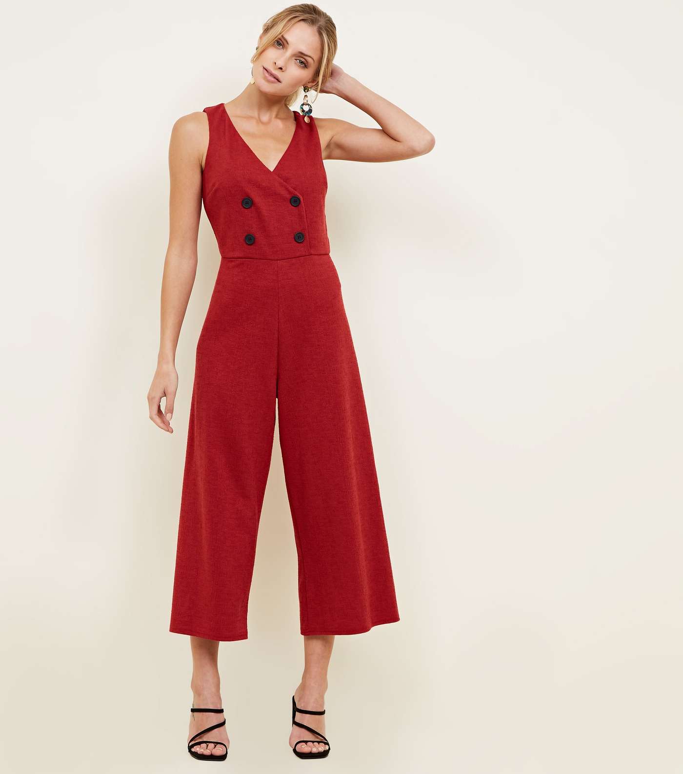 Red Double Breasted Crosshatch Cropped Jumpsuit