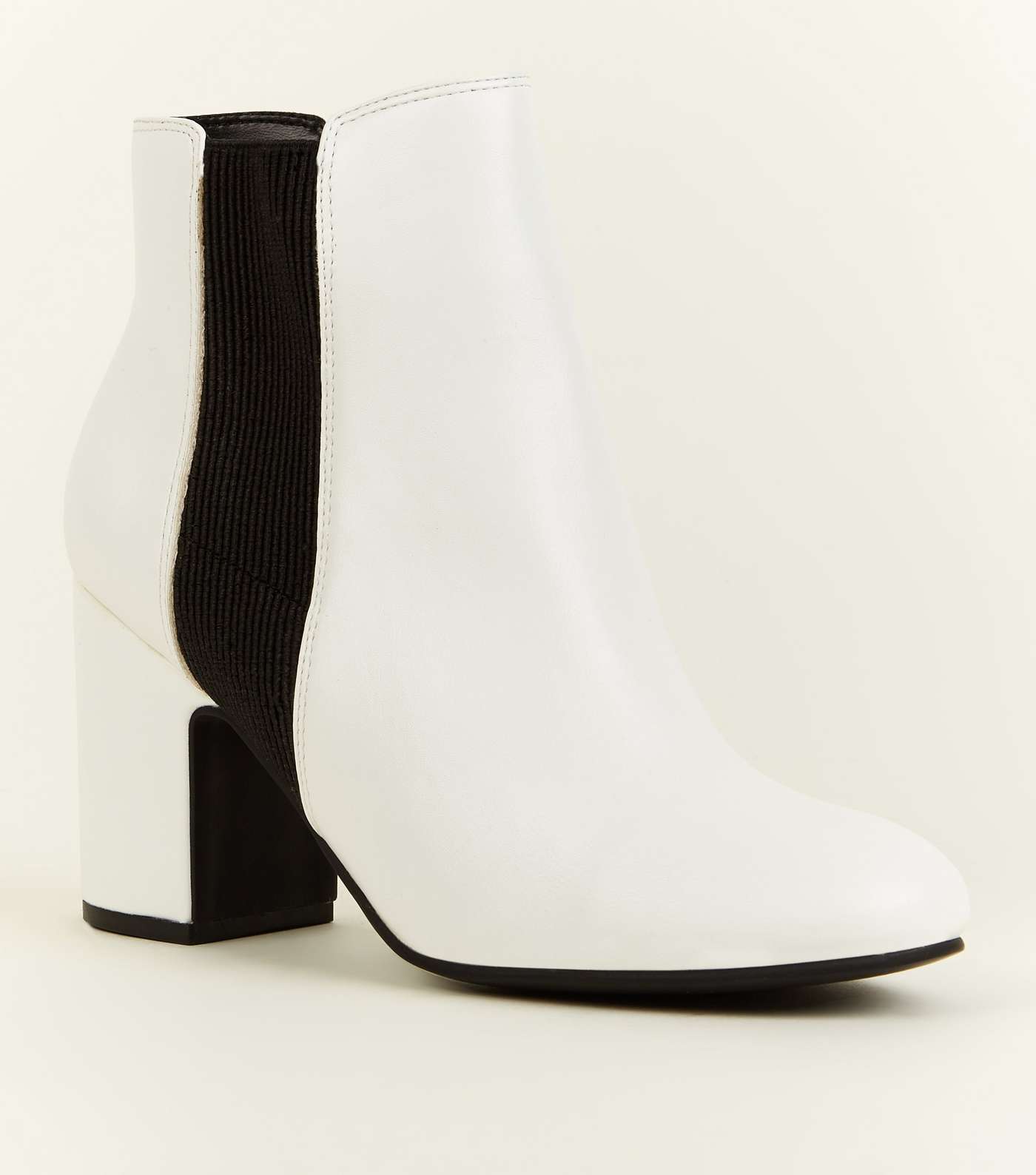 White Leather-Look Block Heel Chelsea Boots