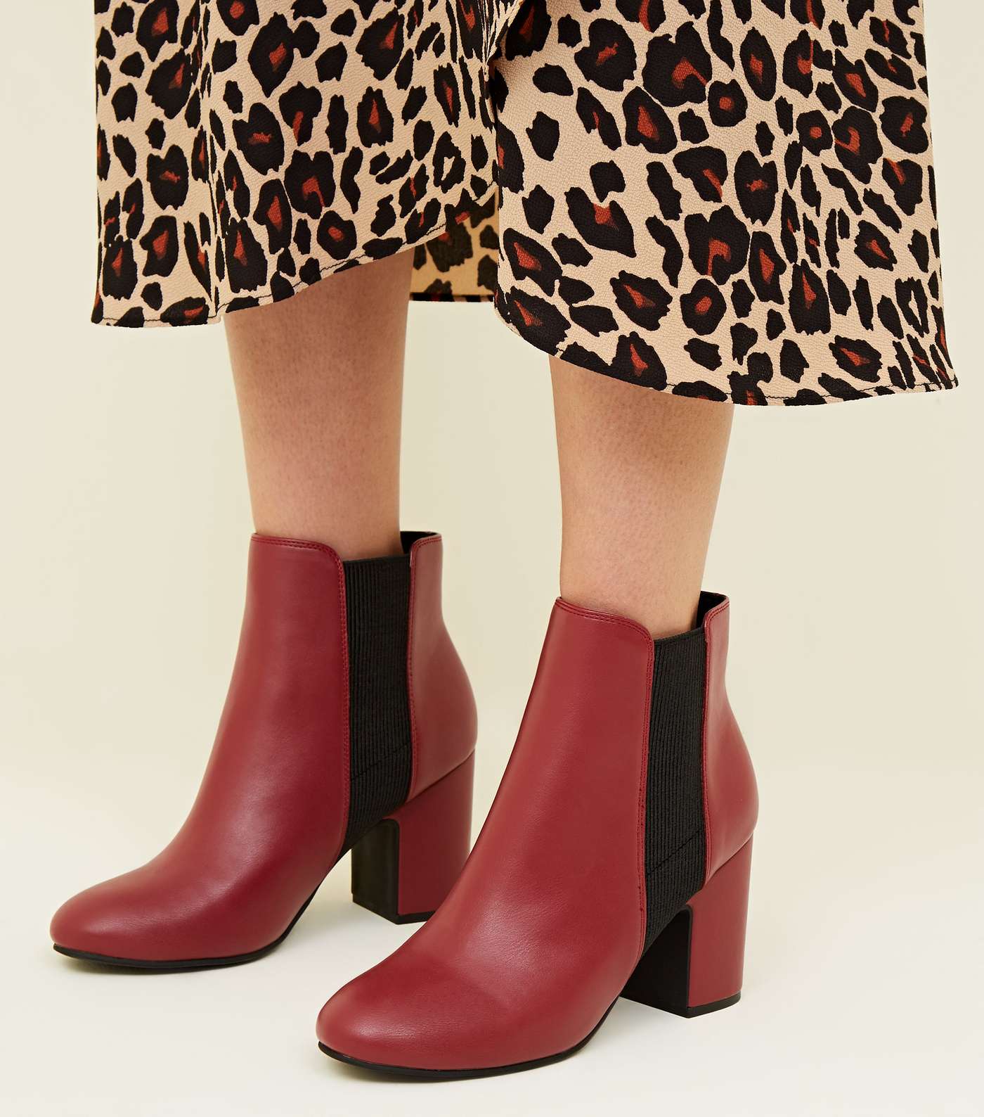 Red Leather-Look Block Heel Chelsea Boots Image 2