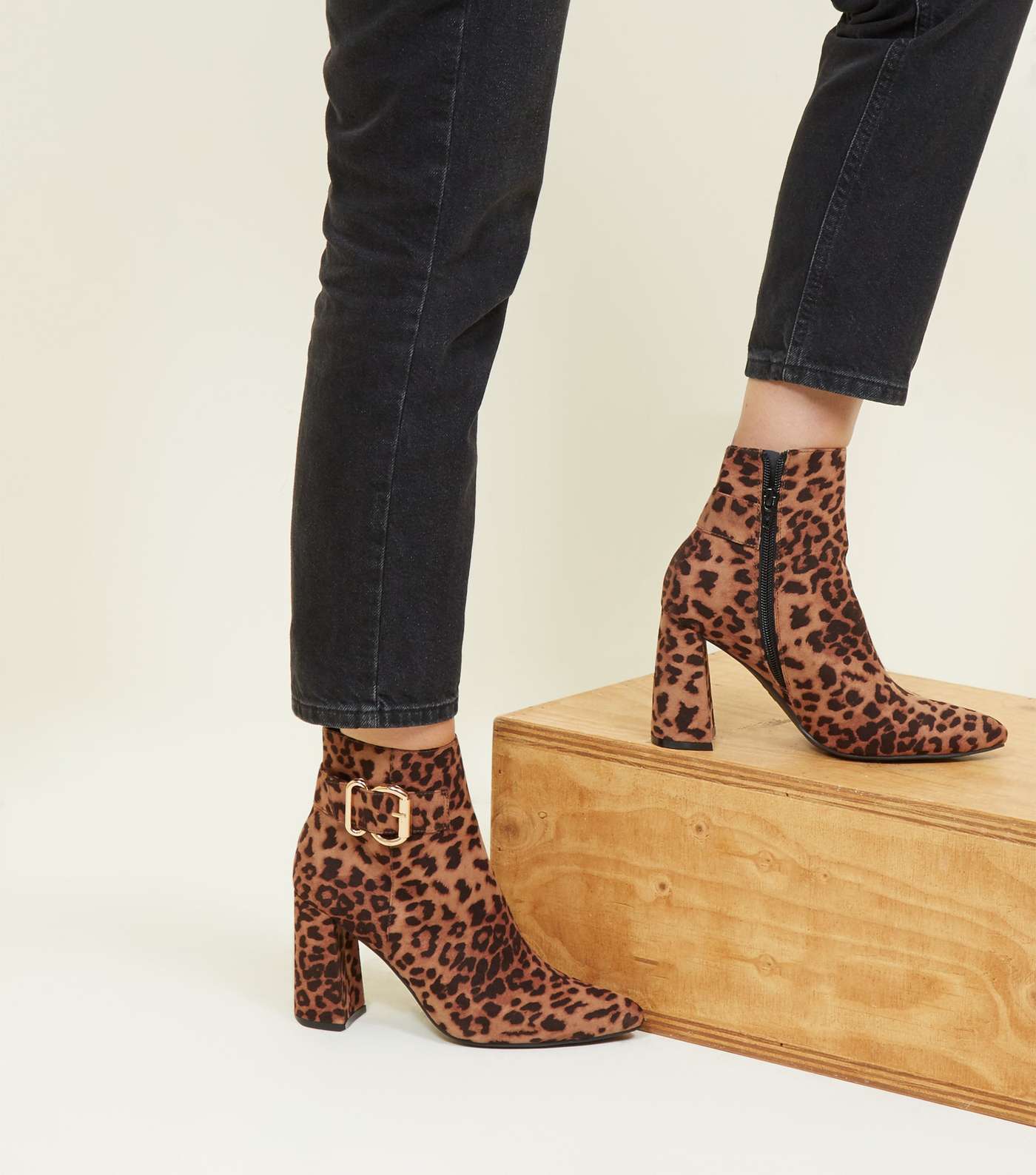 Tan Leopard Print Buckle Side Flared Heel Boots Image 2