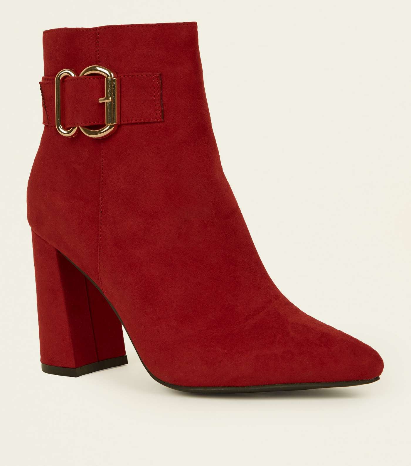 Red Suedette Buckle Side Flared Heel Boots
