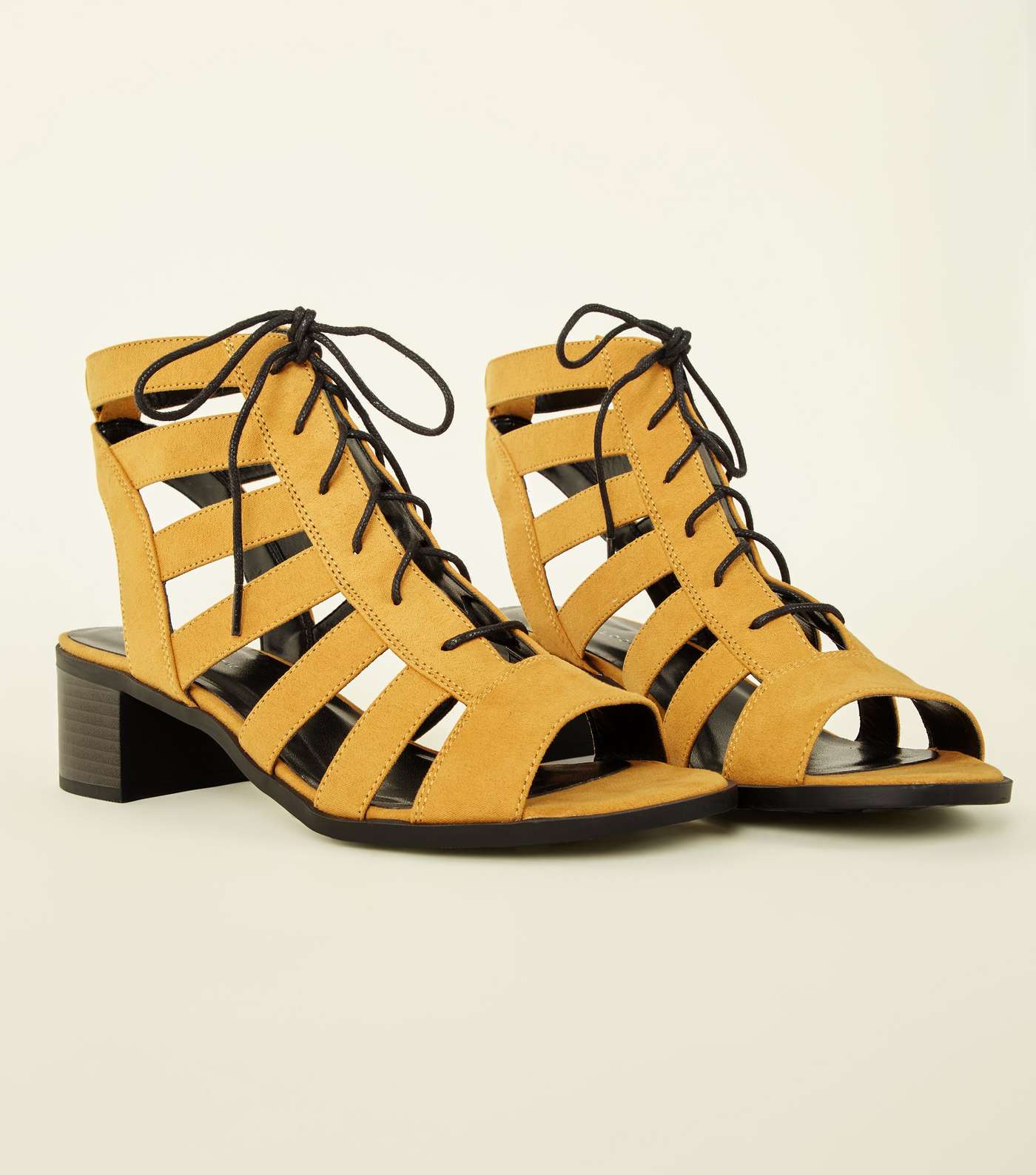 Mustard Suedette Lace Up Ghillie Low Block Heels Image 3