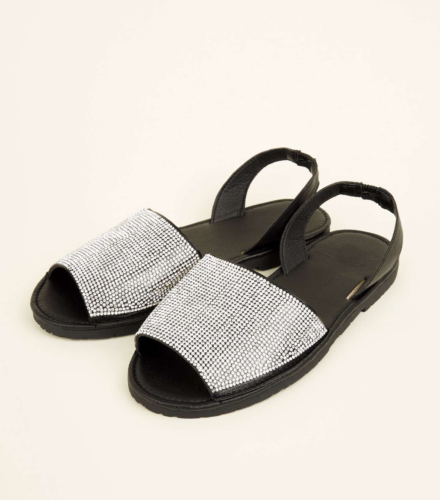 Black Diamanté Peep Toe Flat Sandals Image 4