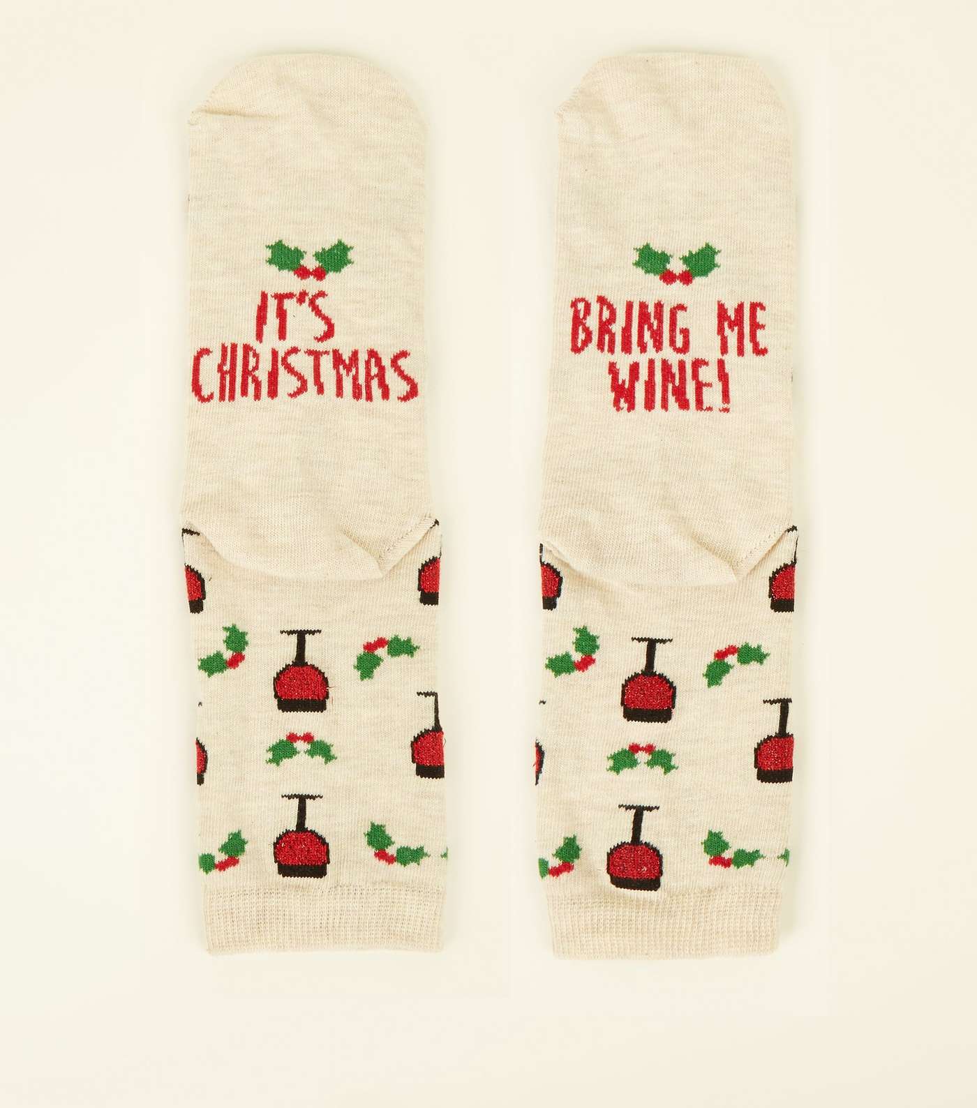 Cream Bring Me Wine Christmas Slogan Socks