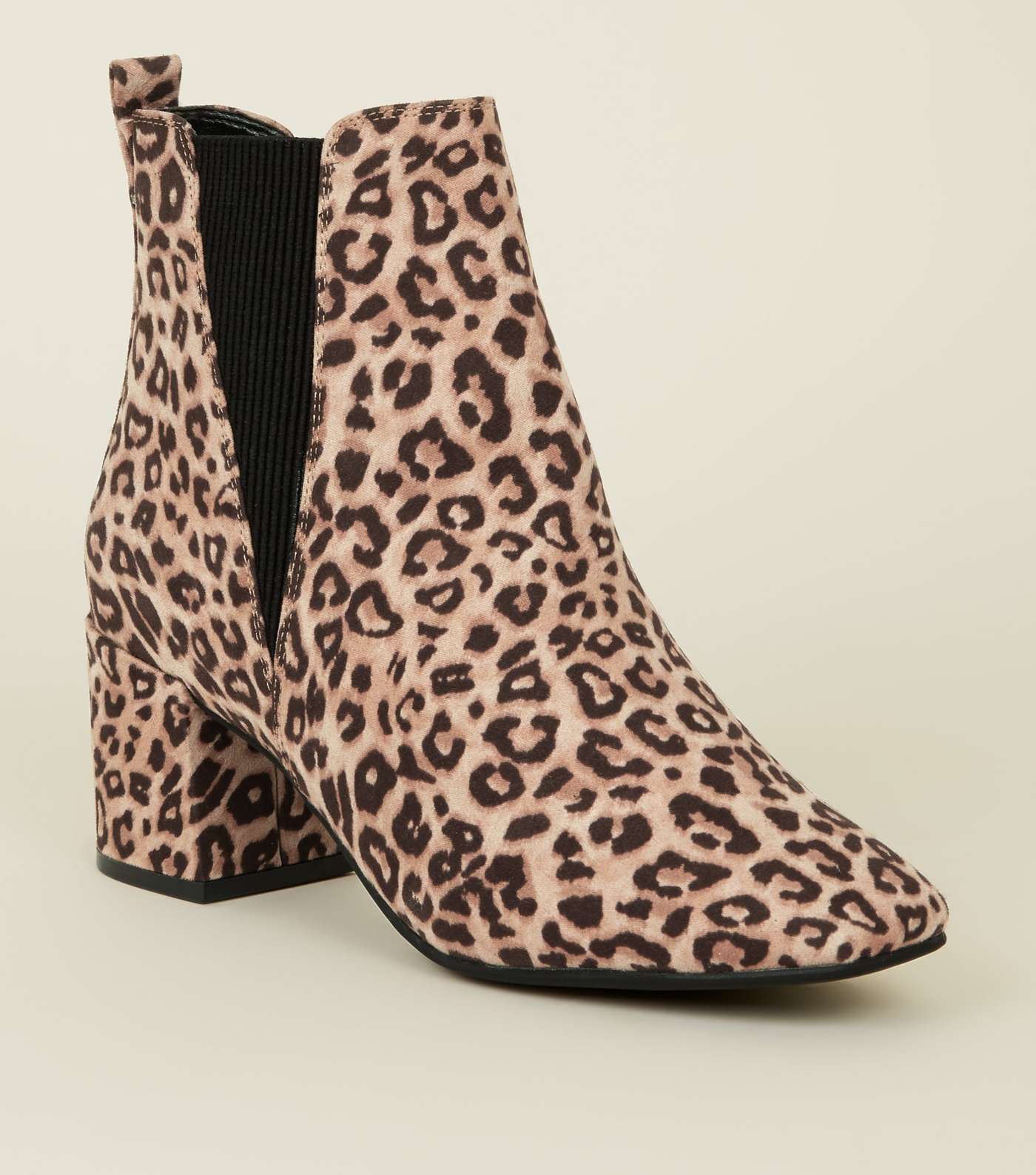 Wide Fit Stone Leopard Suedette Square Toe Ankle Boots