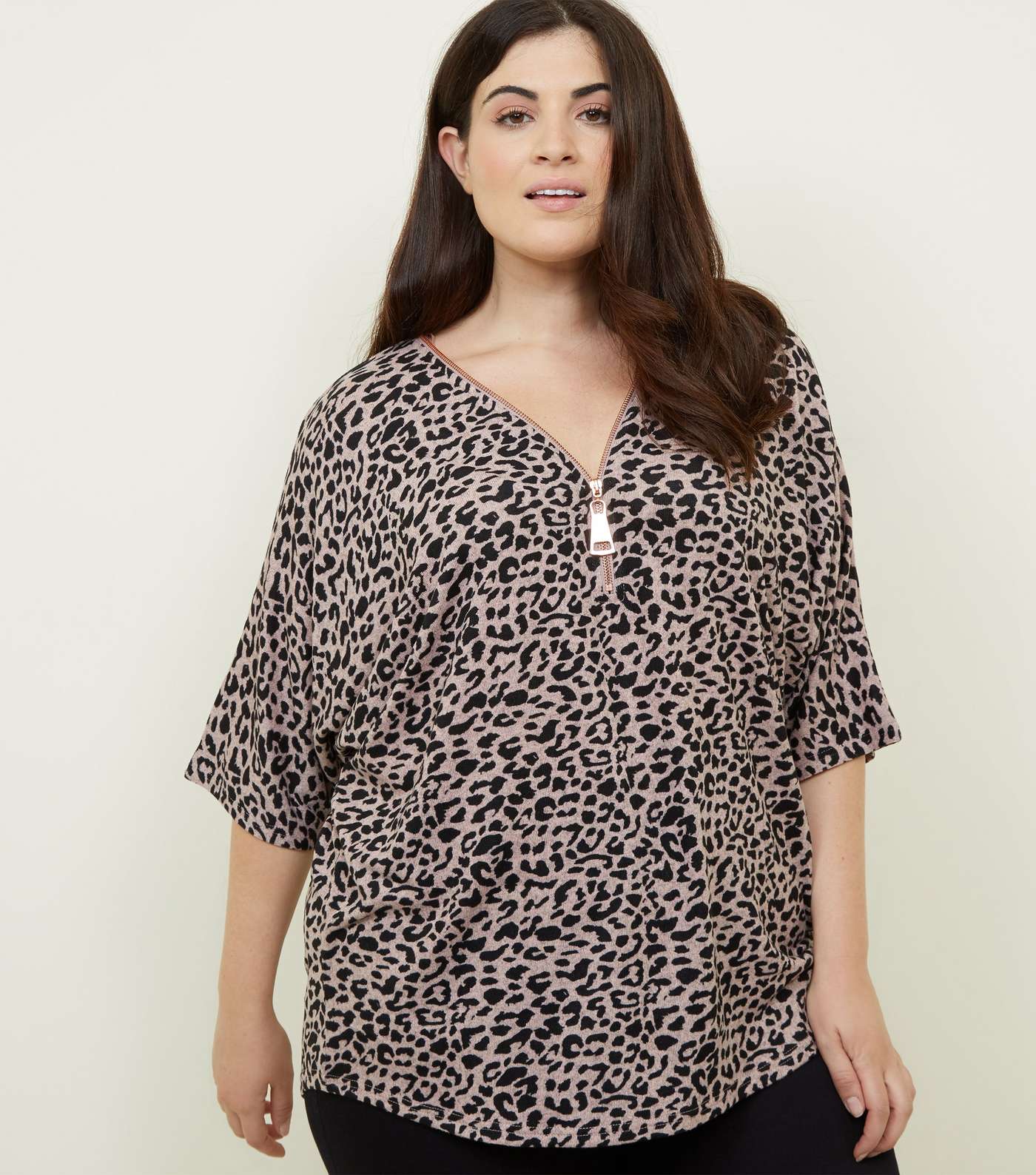Curves Pink Leopard Print Zip Front Tunic Top 