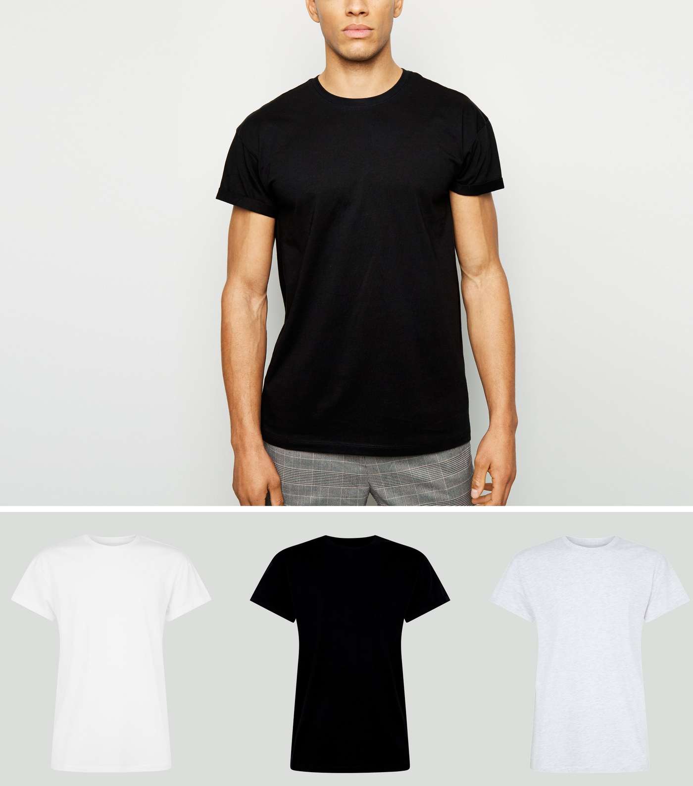 3 Pack Black, White and Grey Roll Sleeve T-Shirts