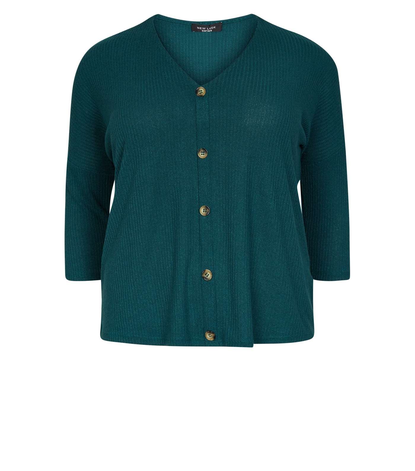 Curves Dark Green Fine Knit Button Front T-Shirt Image 4
