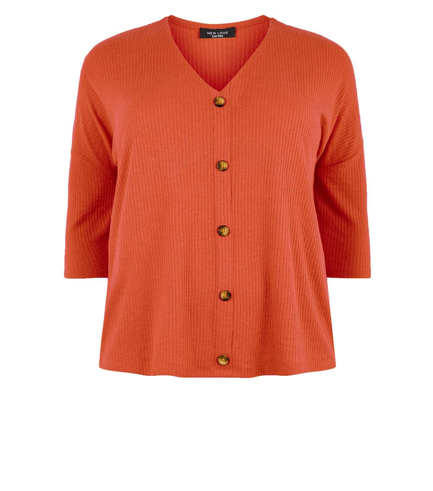 Curves Orange Fine Knit Button Front T-Shirt Image 4