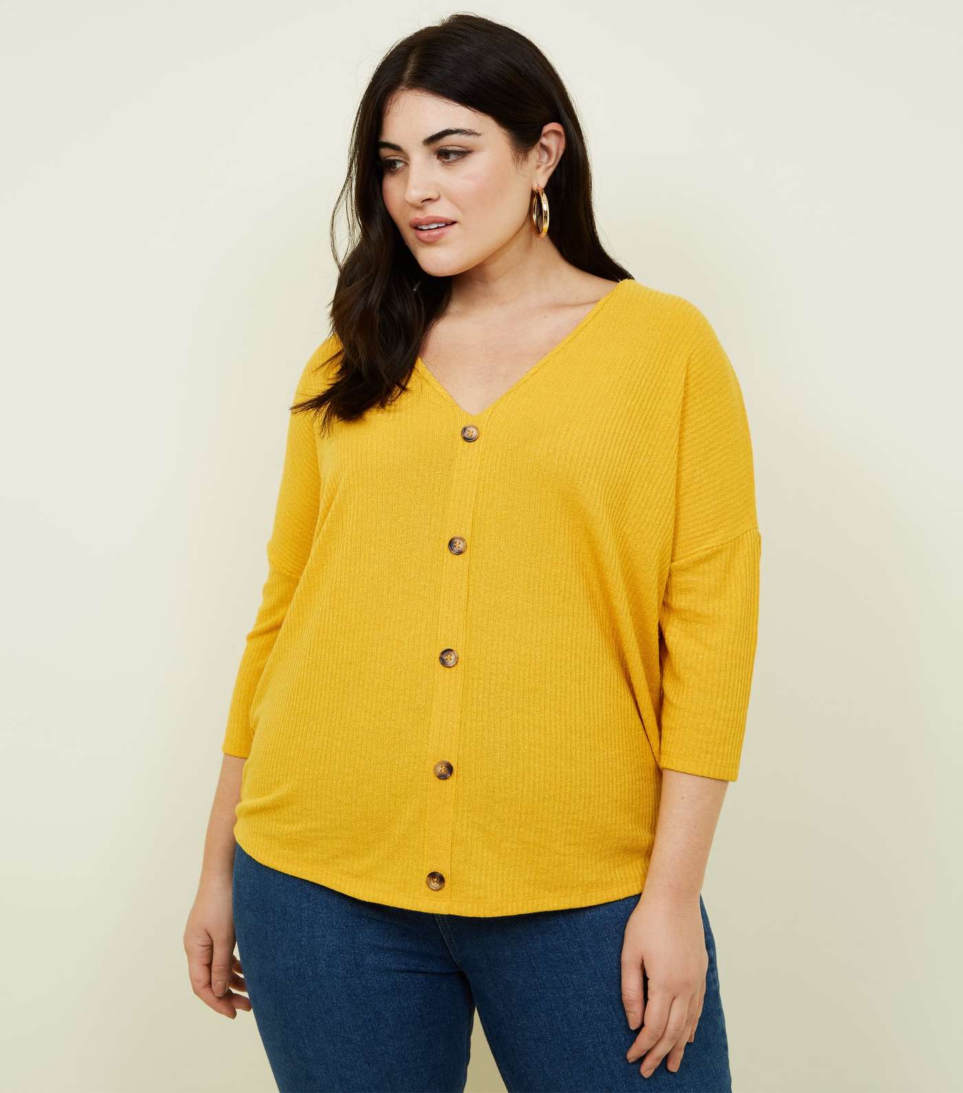 Curves Mustard Fine Knit Button Front T-Shirt