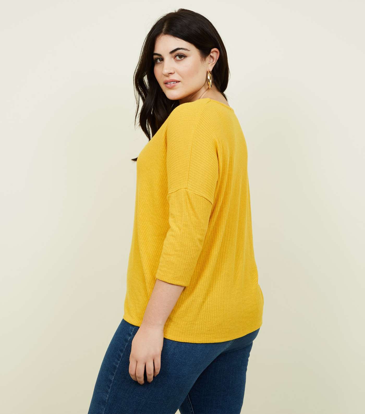 Curves Mustard Fine Knit Button Front T-Shirt Image 3