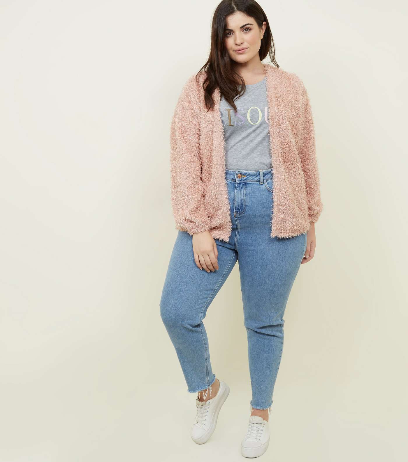 Curves Pale Pink Fluffy Fine Knit Cardigan Image 2