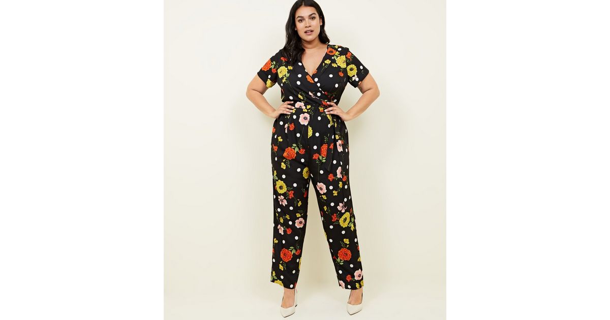Curves Black Floral Spot Print Revere Collar Jumpsuit New Look
