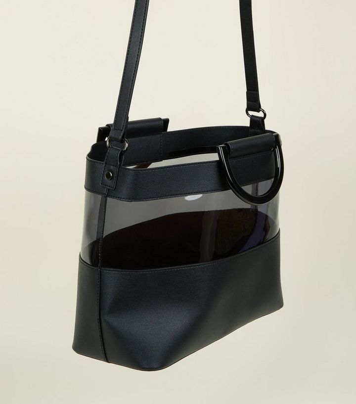 Grand Sac Noir A Poignees En Plastique Et Empiecement Transparent New Look