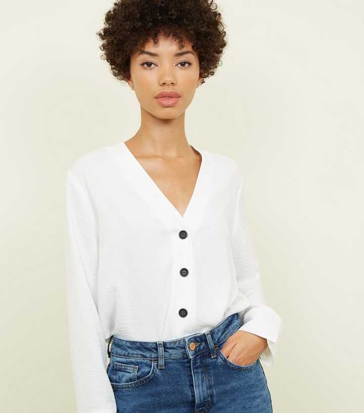 Off White Button Front Long Sleeve Shirt