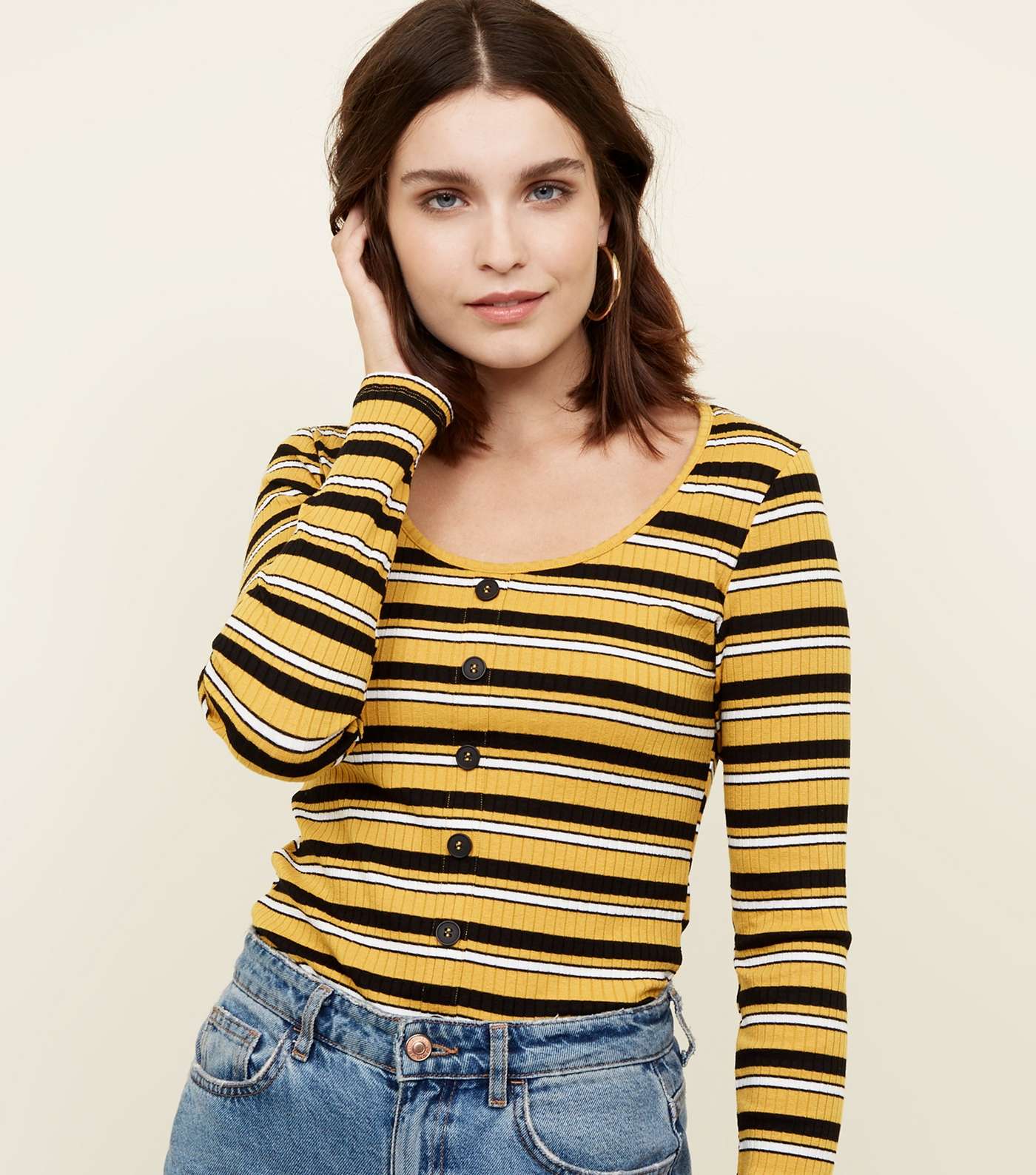 Yellow Stripe Button Front Long Sleeve Top 