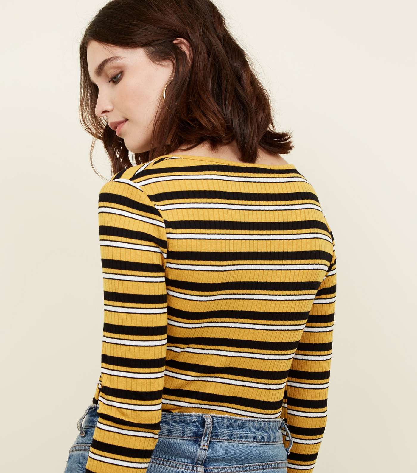 Yellow Stripe Button Front Long Sleeve Top  Image 3