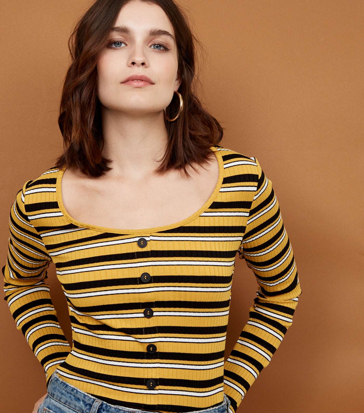 Yellow Stripe Button Front Long Sleeve Top  Image 5